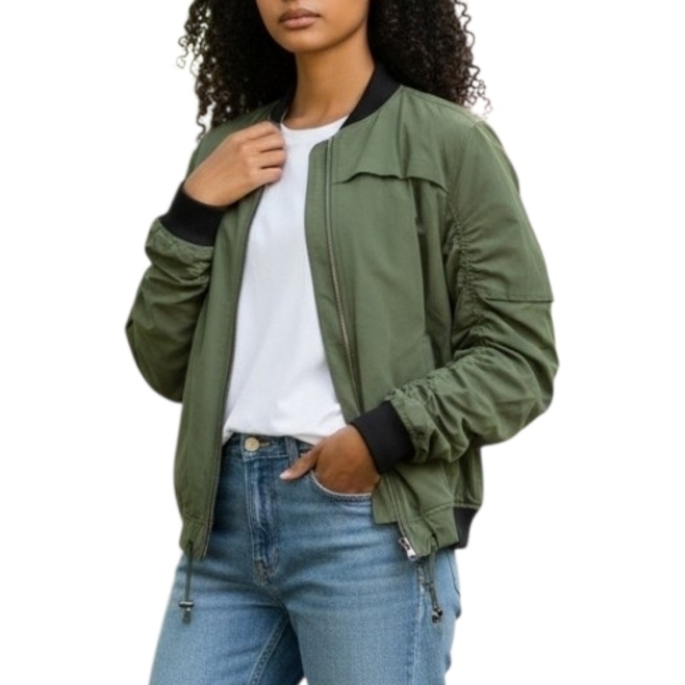 Antioch Ruched Sleeve Bomber Jacket Olive Green Streetwear Lightweight Coat Sz S
